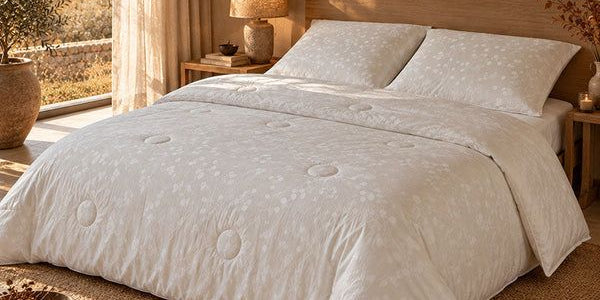 Couette en soie Mi-saison Impériale dans une chambre aux tons chauds, cadrage horizontal.