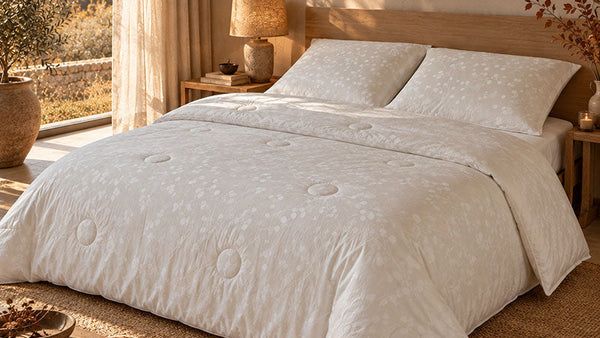 Couette en soie Mi-saison Impériale dans une chambre aux tons chauds, cadrage horizontal.