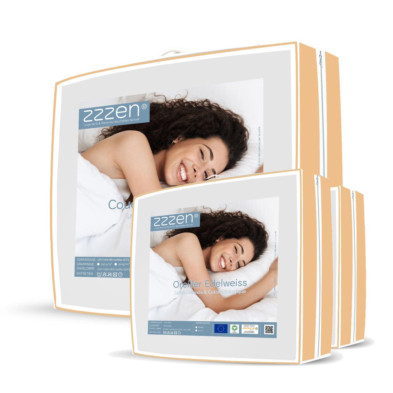 paquete edredón Algodón bimaterial y lana orgánica 4 estaciones. Edelweiss + almohadas - Label Naturel