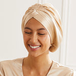 Turban en soie Maison de la Soie devant caramel
