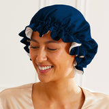 Gorro de dormir en seda de morera de doble cara azul marino en la parte delantera