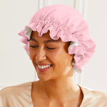 Gorro de dormir en seda de morera rosa de doble cara en la parte delantera