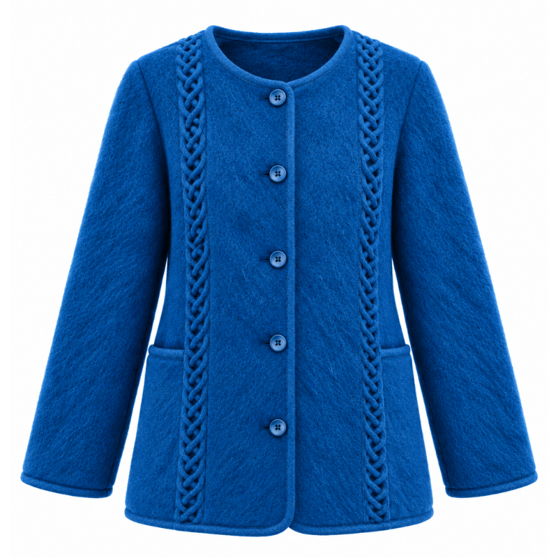 Collarless cable-knit jacket in 100% Pyrenees wool